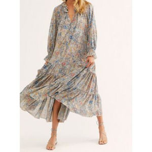 Free People Floral Long Sleeve Maxi Dress Ruffle Tiered